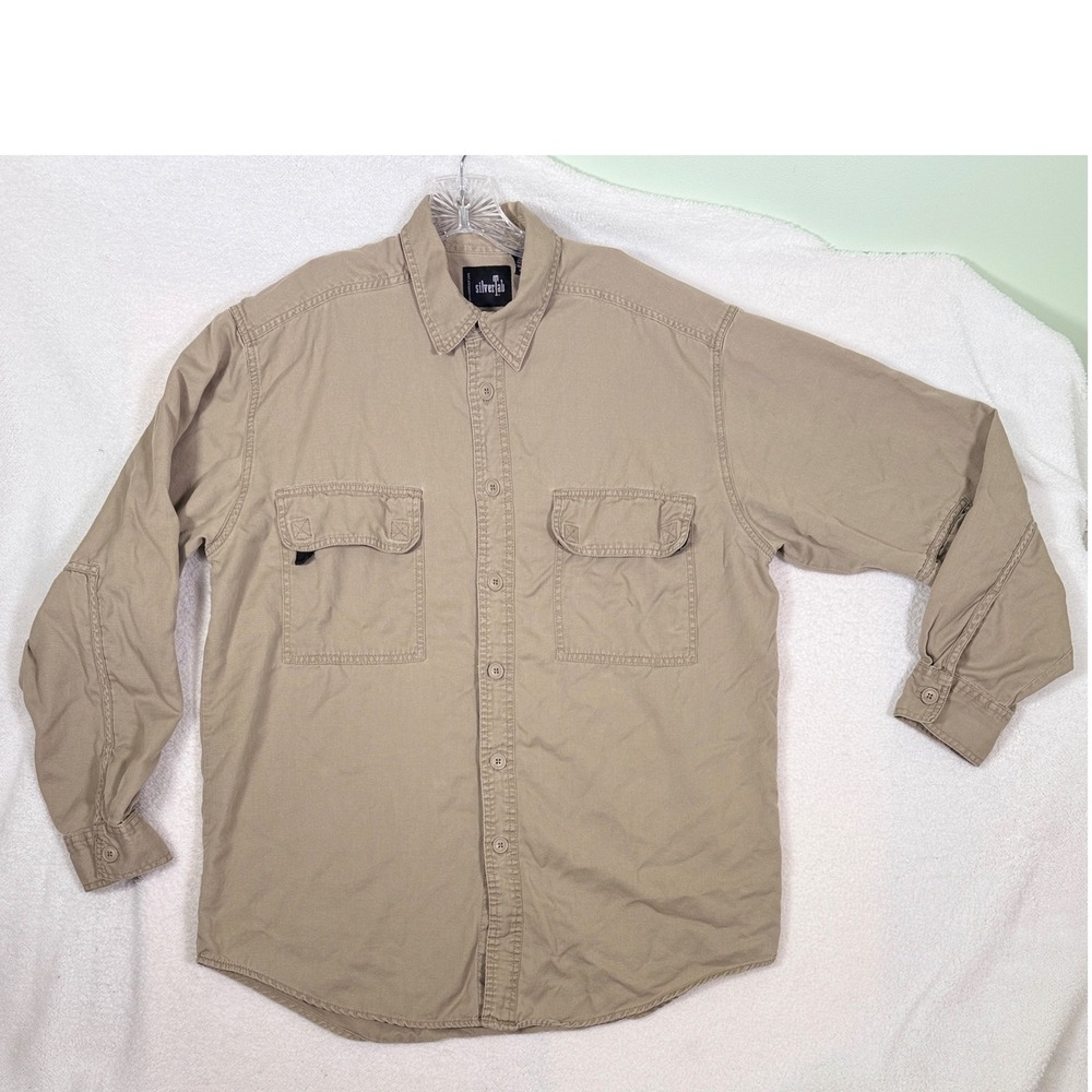 Vintage 90s Levis SilverTab Khaki Twill Cotton Utility Work Shirt  Button Up M